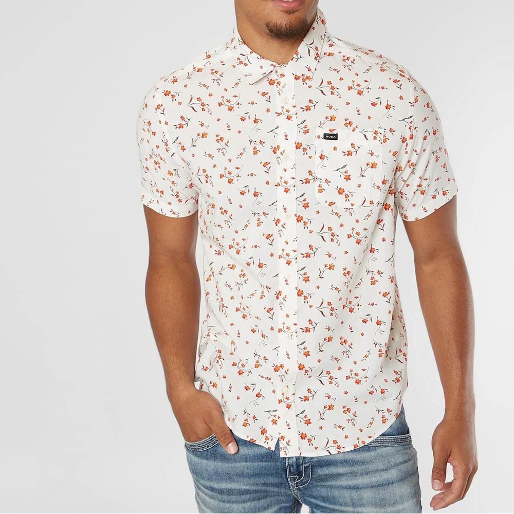 RVCA White Shirt with Red and Orange Floral Print MEN SIZE M